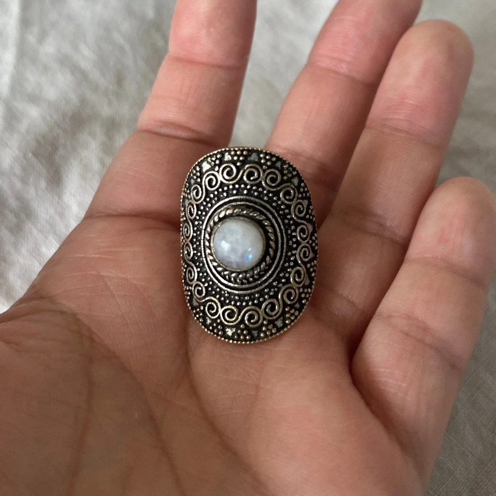 Gold Boho Filigree Moonstone Cabochon Statement Ring 9 Celestial Whimsygoth